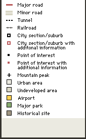 Map legend: roads, urban areas, landmarks
